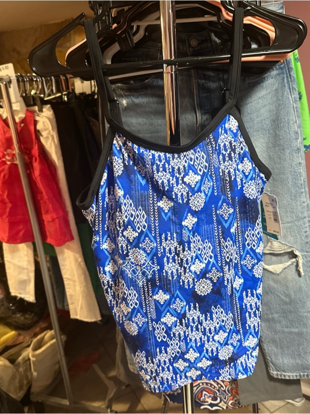 Blue Printed Spaghetti-Strap Camisole with Black Trim